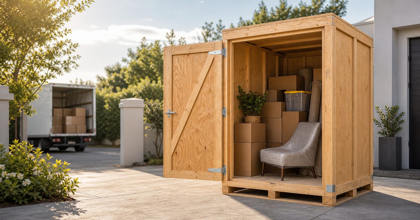 Open GoStorage GoPod packed with household items outside a home